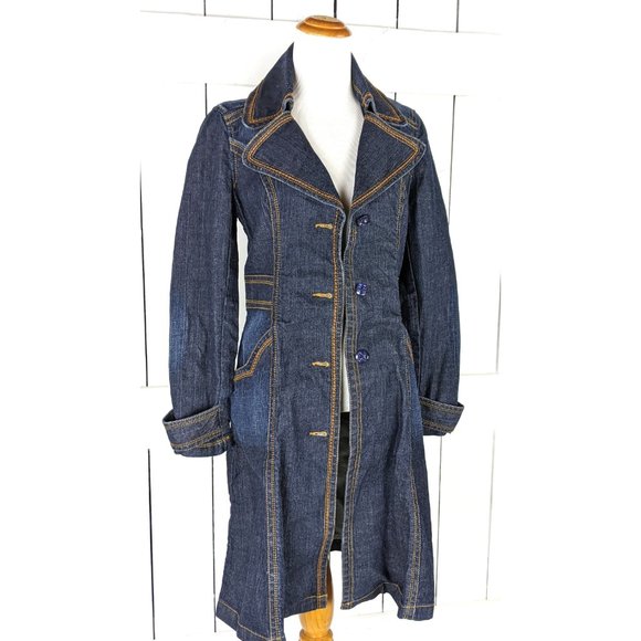 90s Kikit Jeans dark jean denim fitted long peacoat jacket small - Picture 3 of 5